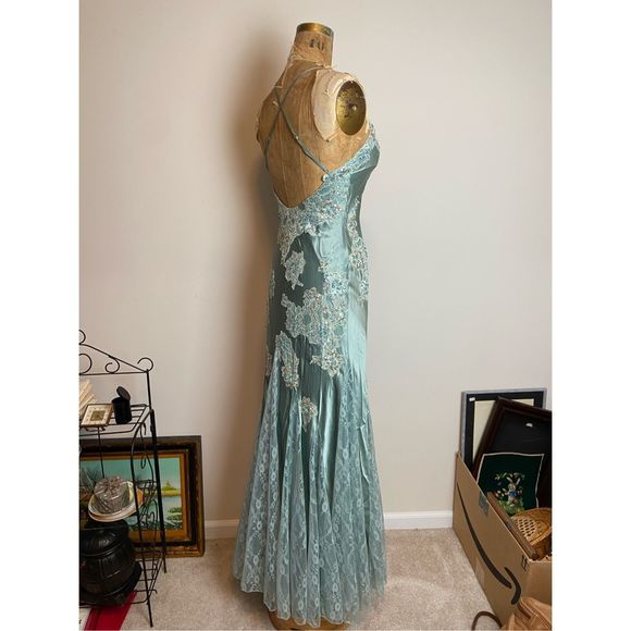 Vintage Cache Silk Gown Beaded Lace Sequin Gemstone Slinky Low Back Dress - SZ 8 - Picture 5 of 12